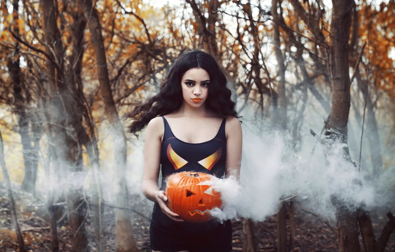 Photo wallpaper girl, smoke, pumpkin