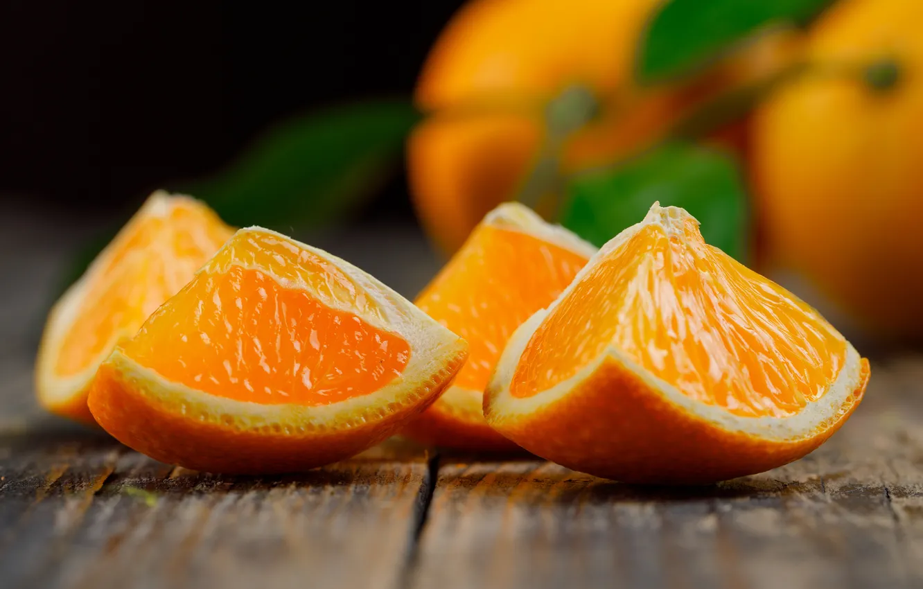 Photo wallpaper macro, Board, orange, fruit, slices, bokeh, composition