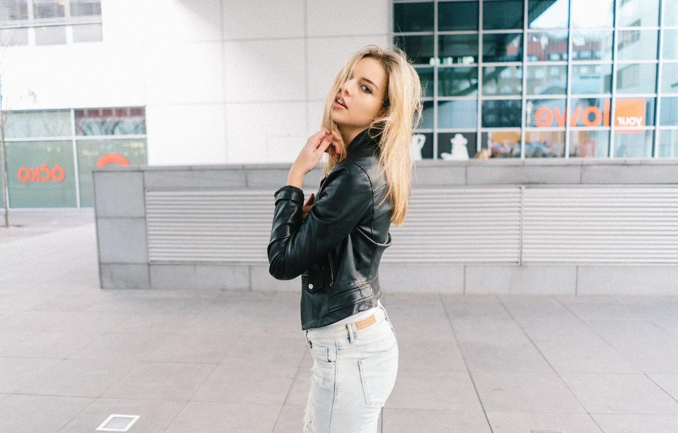Photo wallpaper girl, leather, blonde, jacket, delighted
