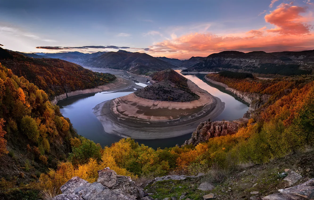 Photo wallpaper autumn, clouds, trees, mountains, river, rocks, hills