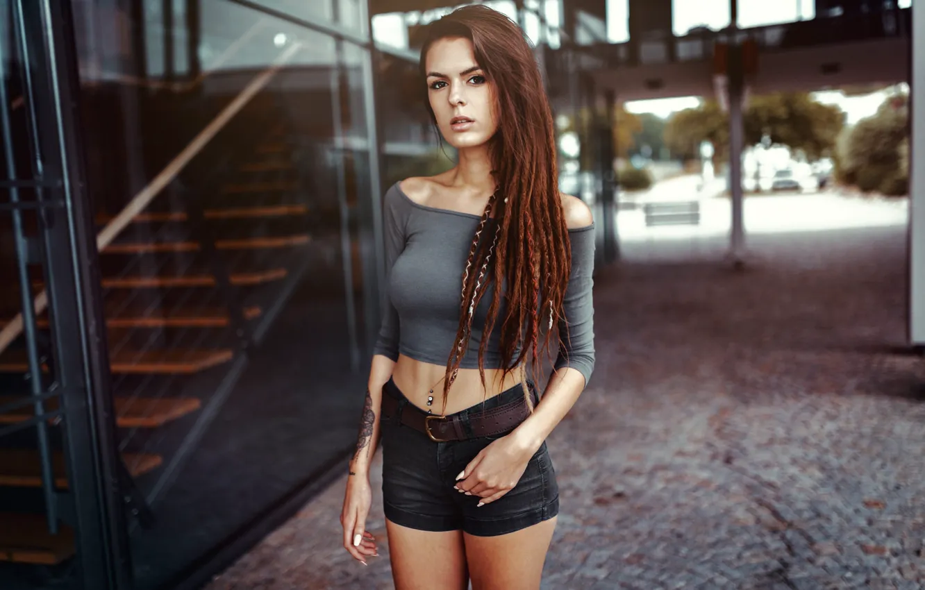 Photo wallpaper girl, shorts, long hair, legs, photo, photographer, model, bokeh