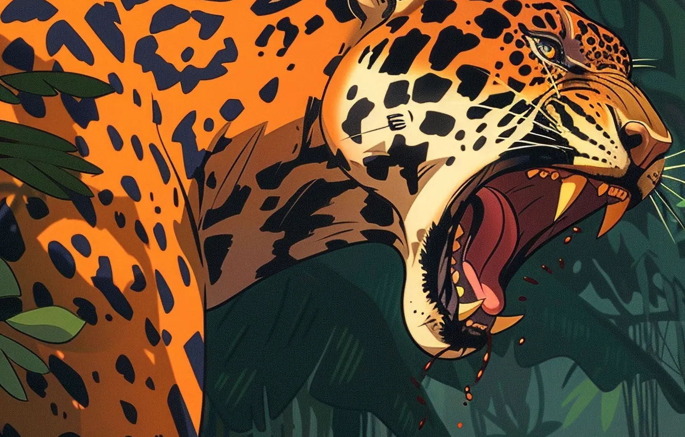 Photo wallpaper face, predator, fangs, grin, Jaguar, big cat, digital art, imitation painting