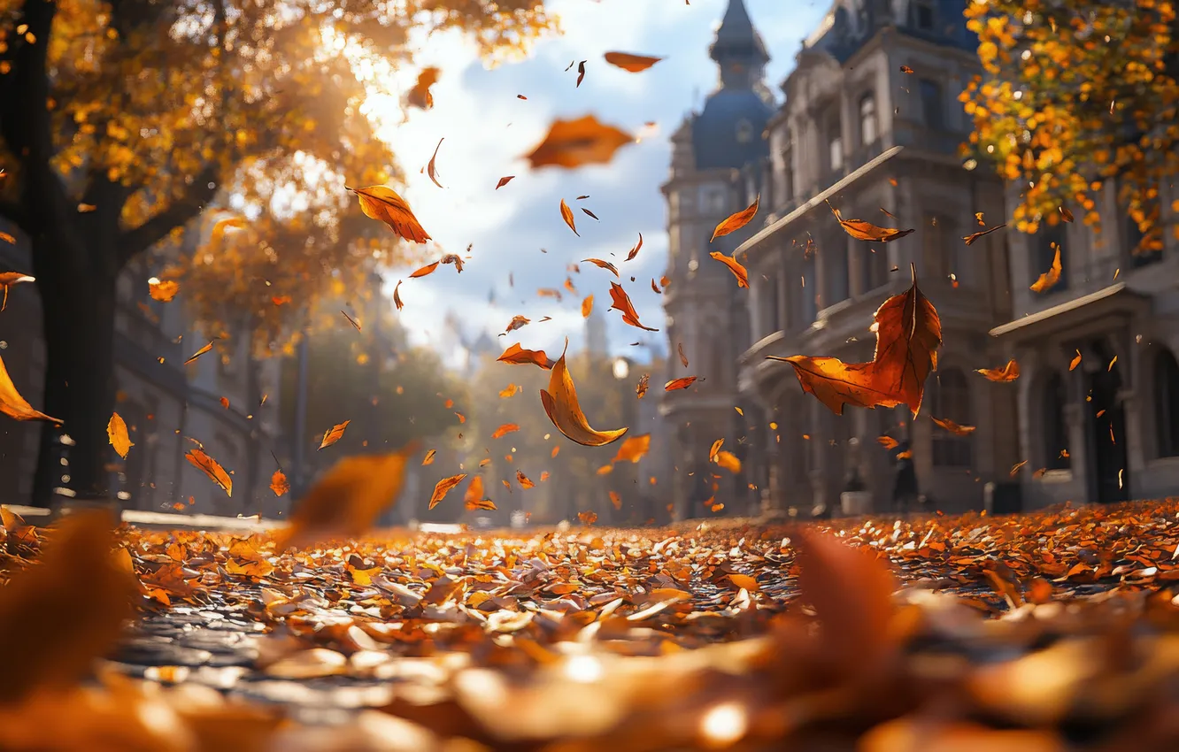 Photo wallpaper autumn, leaves, the city, falling leaves, AI art, neural network