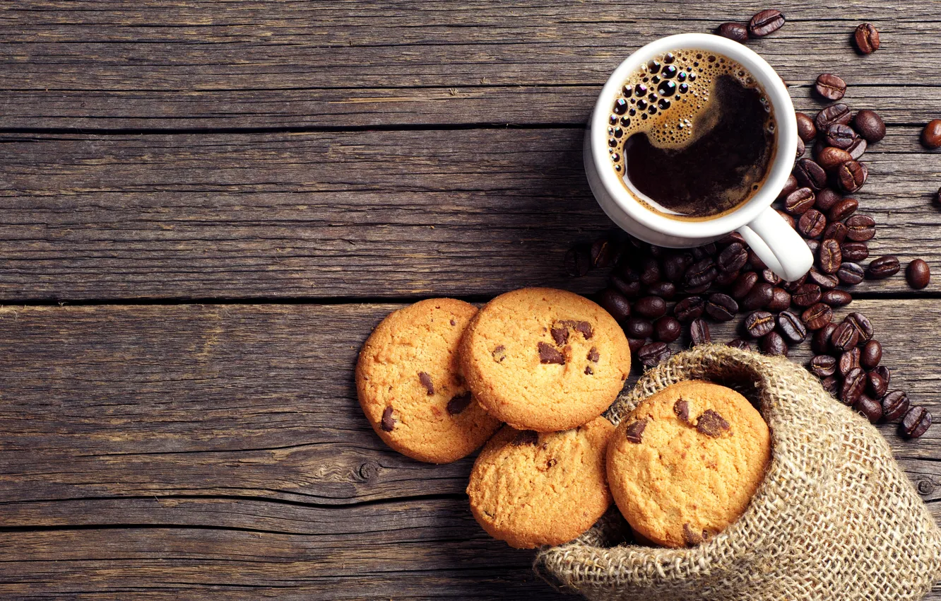 Photo wallpaper coffee, chocolate, grain, cookies, Cup, pouch