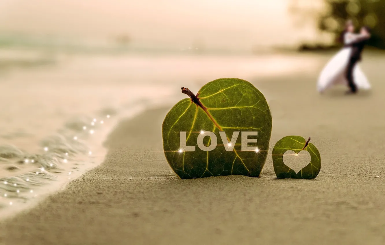 Photo wallpaper sand, leaves, water, joy, people, shore, pair, love