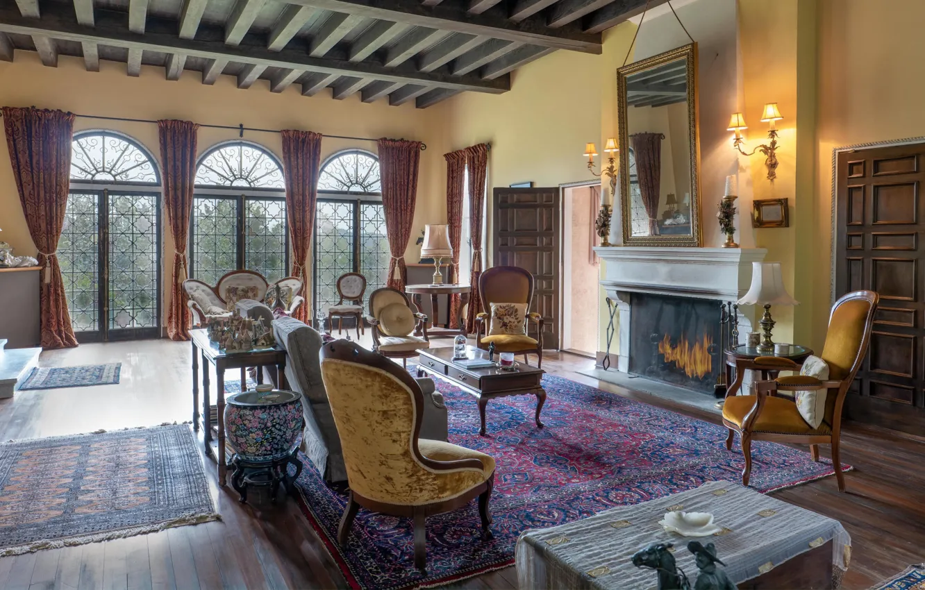 Photo wallpaper design, style, interior, fireplace, living room, Victorian style, Modern Castle, Modern Castle