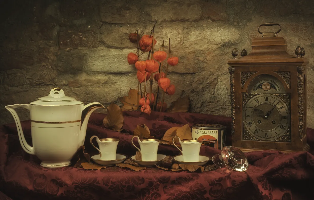 Photo wallpaper watch, Cup, dishes, still life, physalis, coffee pot