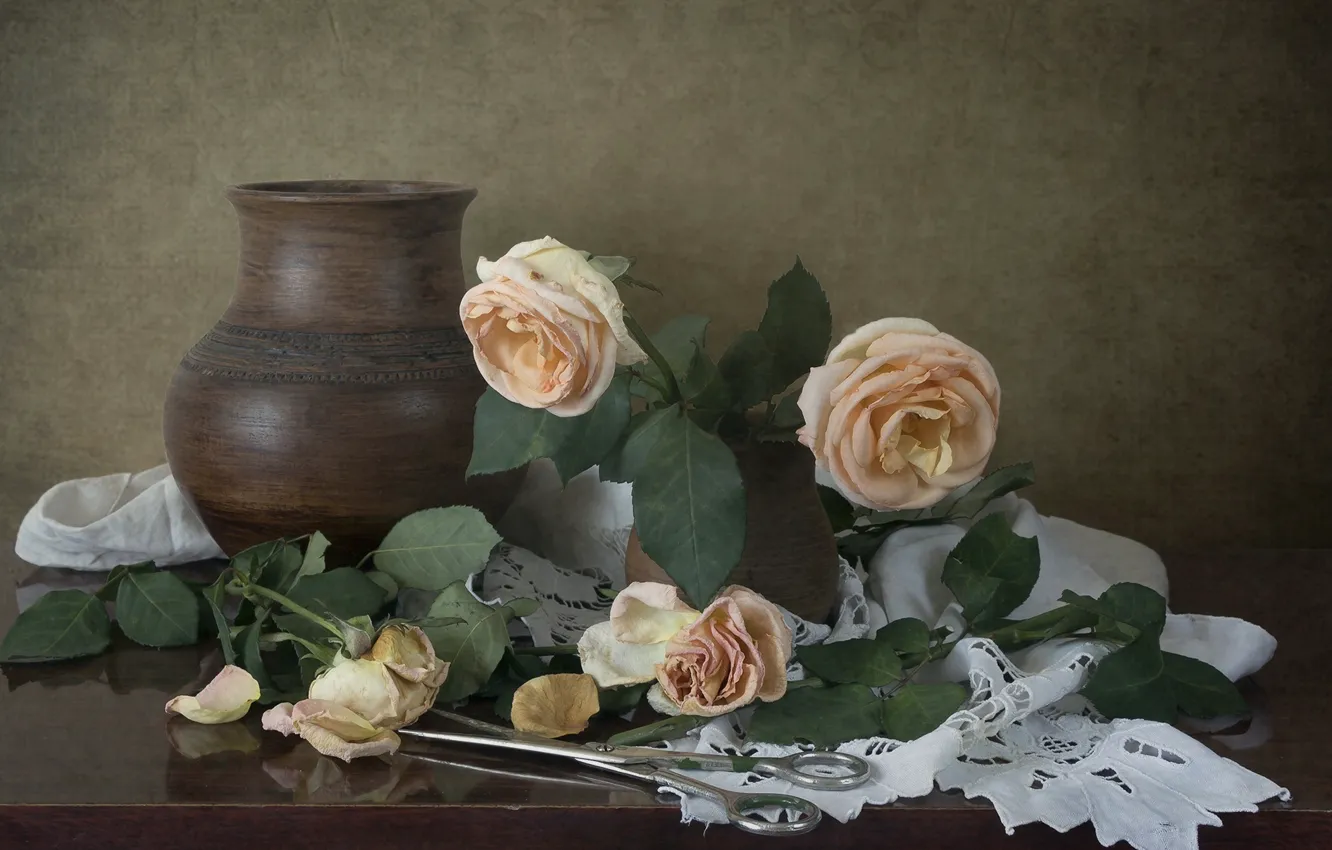 Photo wallpaper roses, petals, pitcher, still life, buds, vintage, scissors