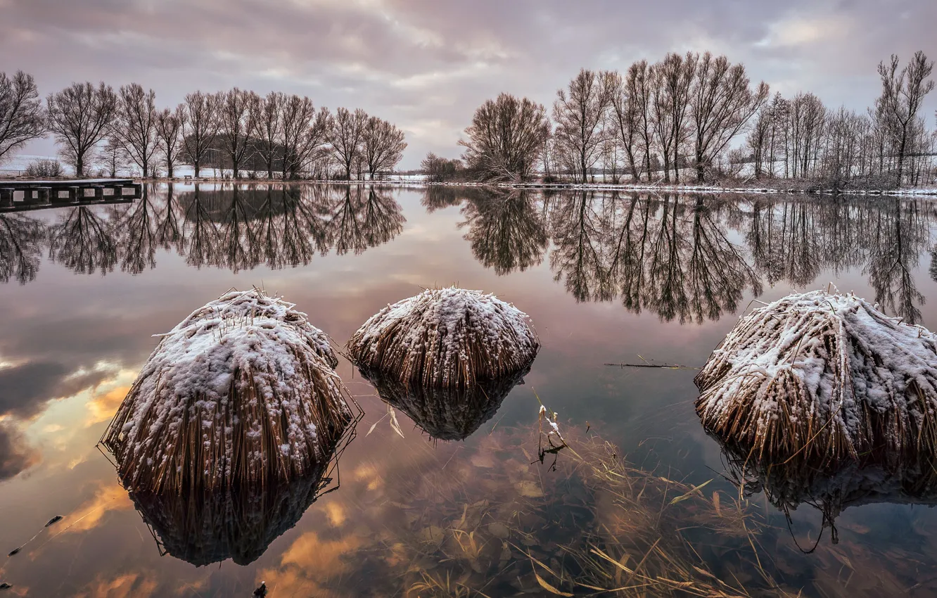 Photo wallpaper winter, bridge, lake