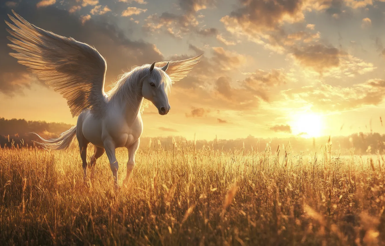 Photo wallpaper field, the sun, clouds, dawn, horse, wings, Pegasus, digital art