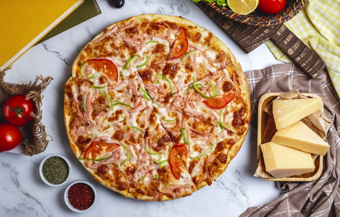 Photo wallpaper table, cheese, vegetables, pizza