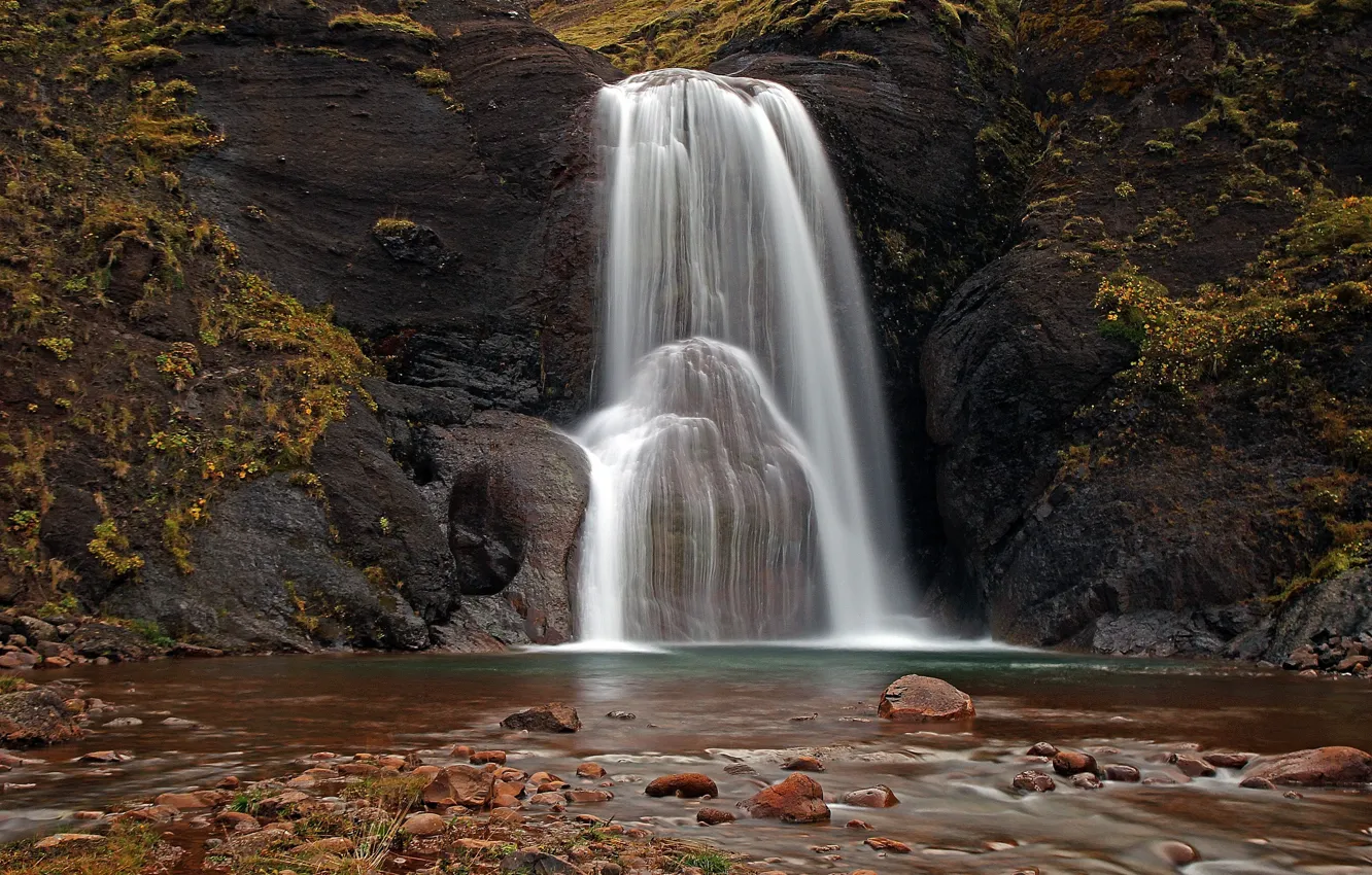 Photo wallpaper autumn, nature, rock, river, stones, waterfall