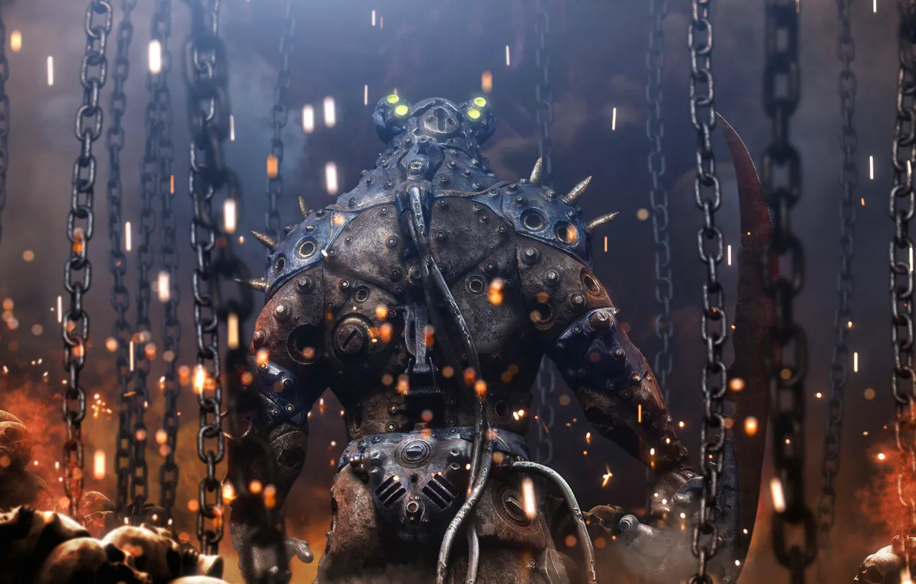 Photo wallpaper machine, lights, model, skull, robot, monster, spikes, chain