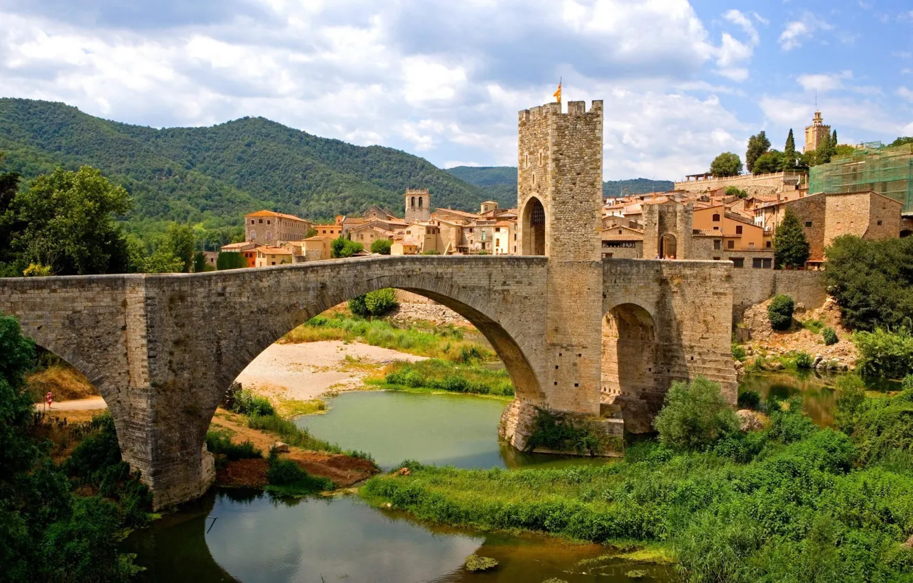 Photo wallpaper water, bridge, tower, home, tower, bridge, water, houses