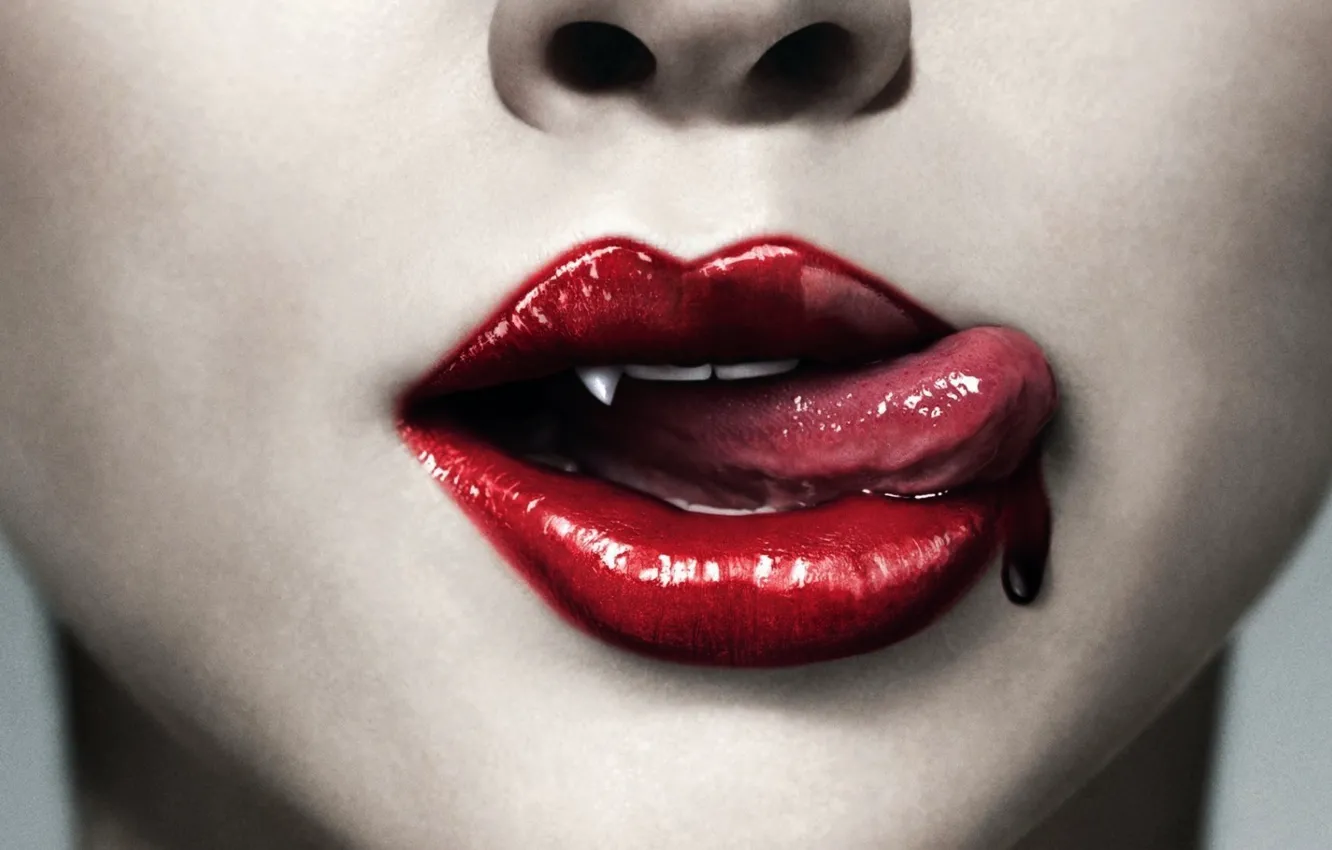 Photo wallpaper girl, blood, close-up, lips, vampire, fang, pleasure, assassin