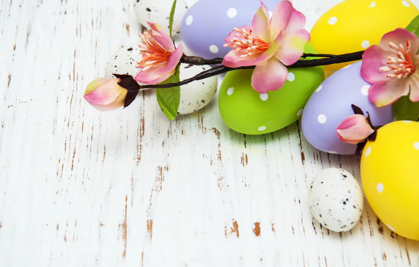 Photo wallpaper flowers, eggs, spring, colorful, Easter, wood, pink, blossom
