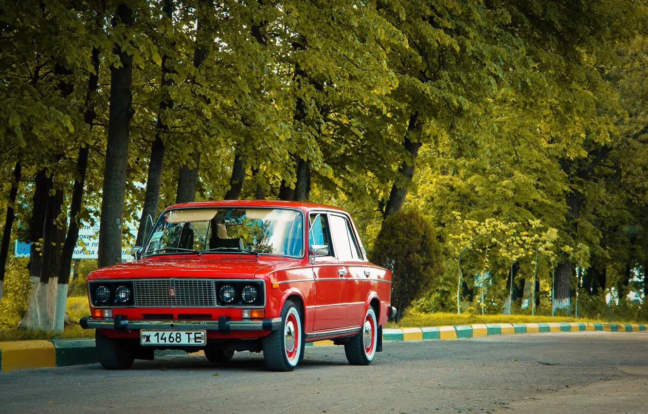 Photo wallpaper road, trees, USSR, red, classic, Lada, vaz, VAZ