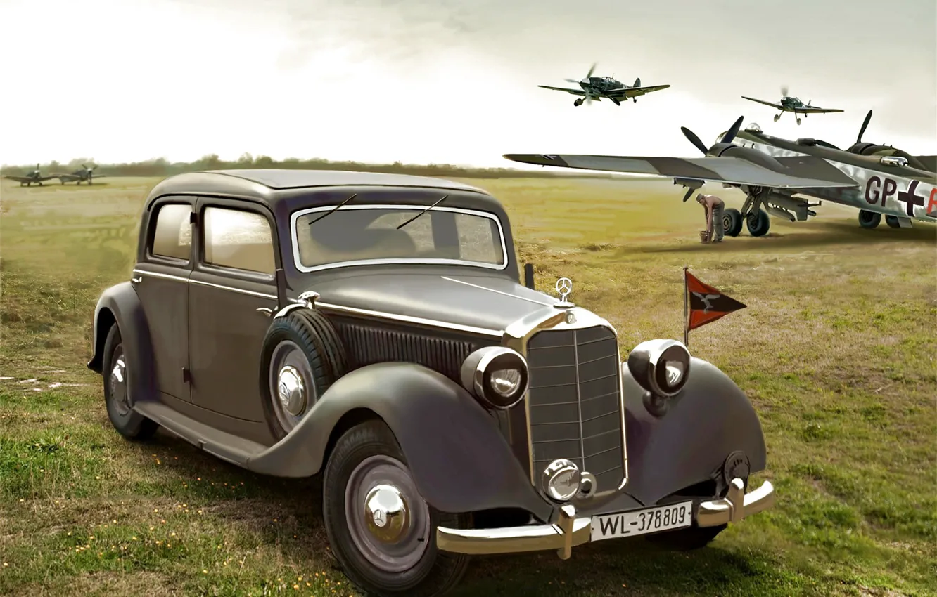 Photo wallpaper the airfield, Bf.109, Luftwaffe, Saloon, staff car, W142, Typ 320, He.177
