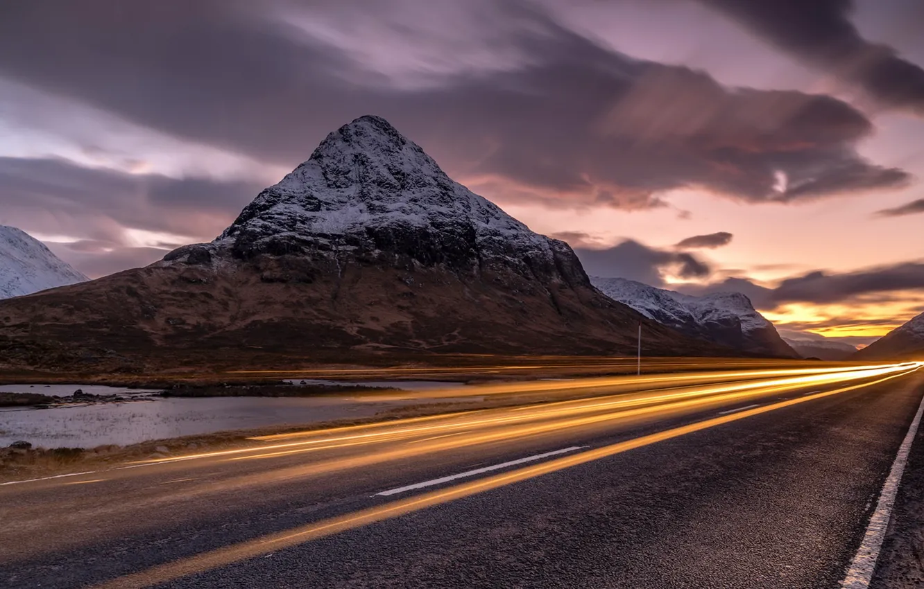 Photo wallpaper road, sunset, lights, mountain