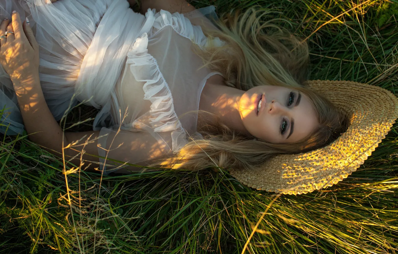 Photo wallpaper grass, look, girl, pose, hat, blonde, white dress, nature