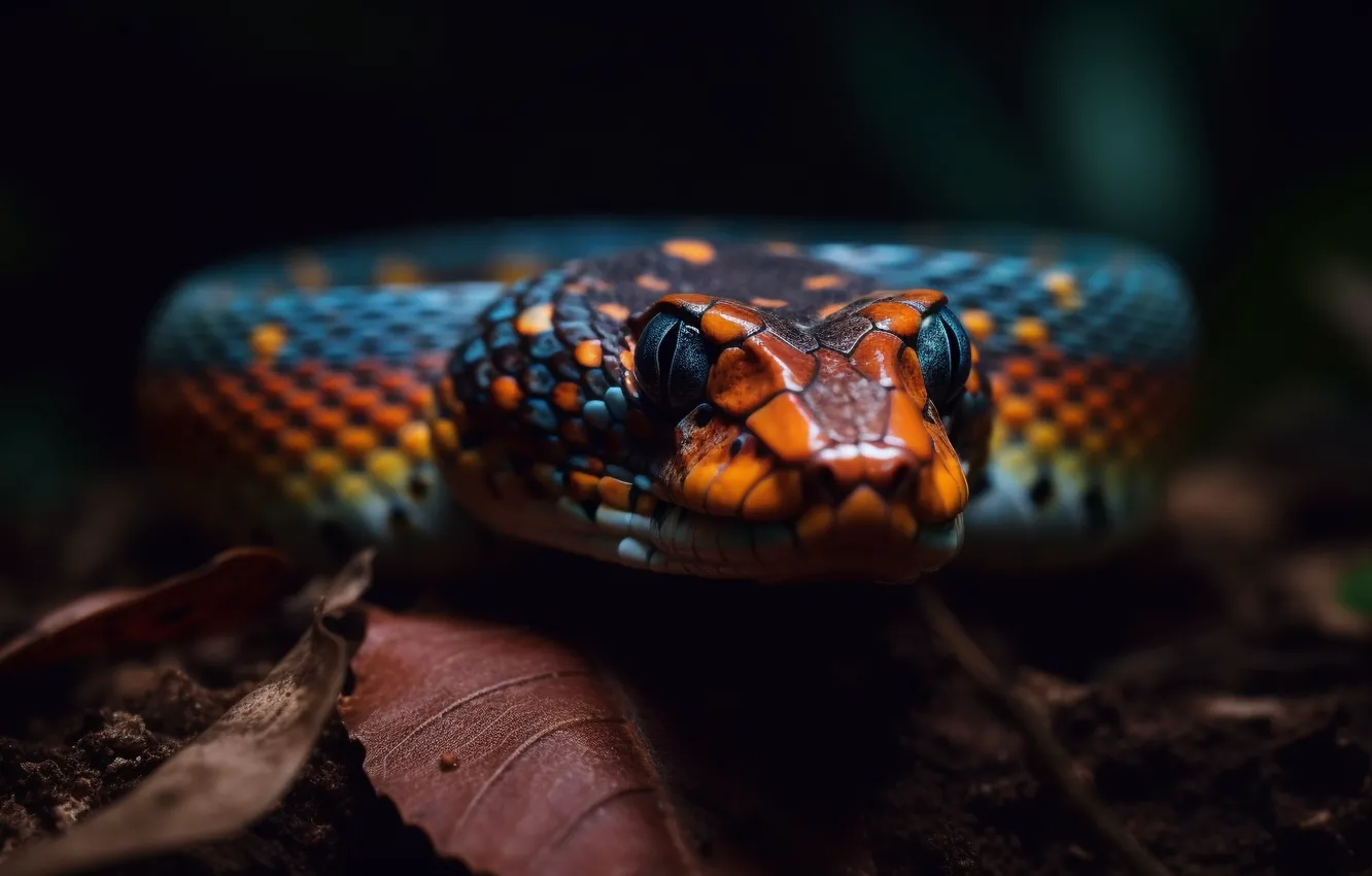 Photo wallpaper Look, Snake, Leaves, Eyes, Face, Reptile, The dark background, Animal