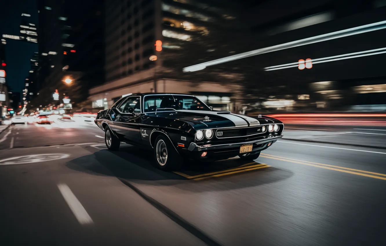 Wallpaper city, lights, Dodge Challenger, night, driving, ai art for