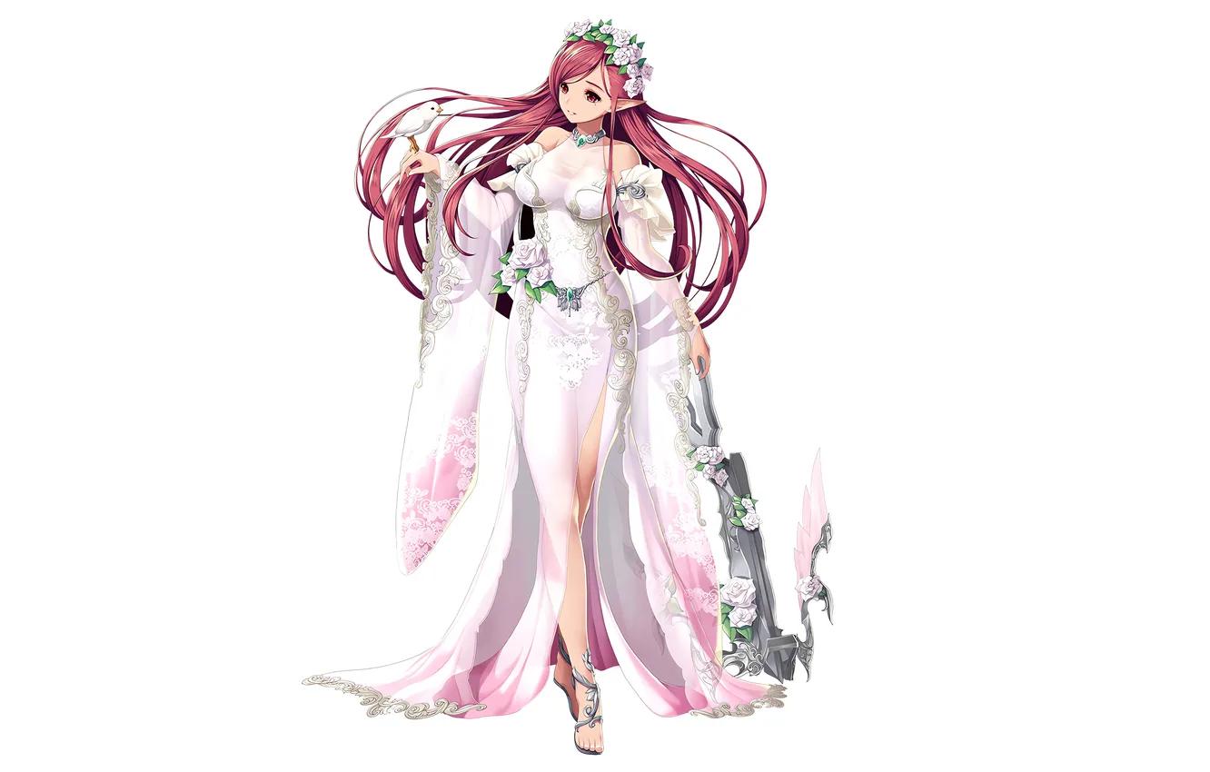 Photo wallpaper girl, rose, cleavage, long hair, dress, legs, boobs, bird