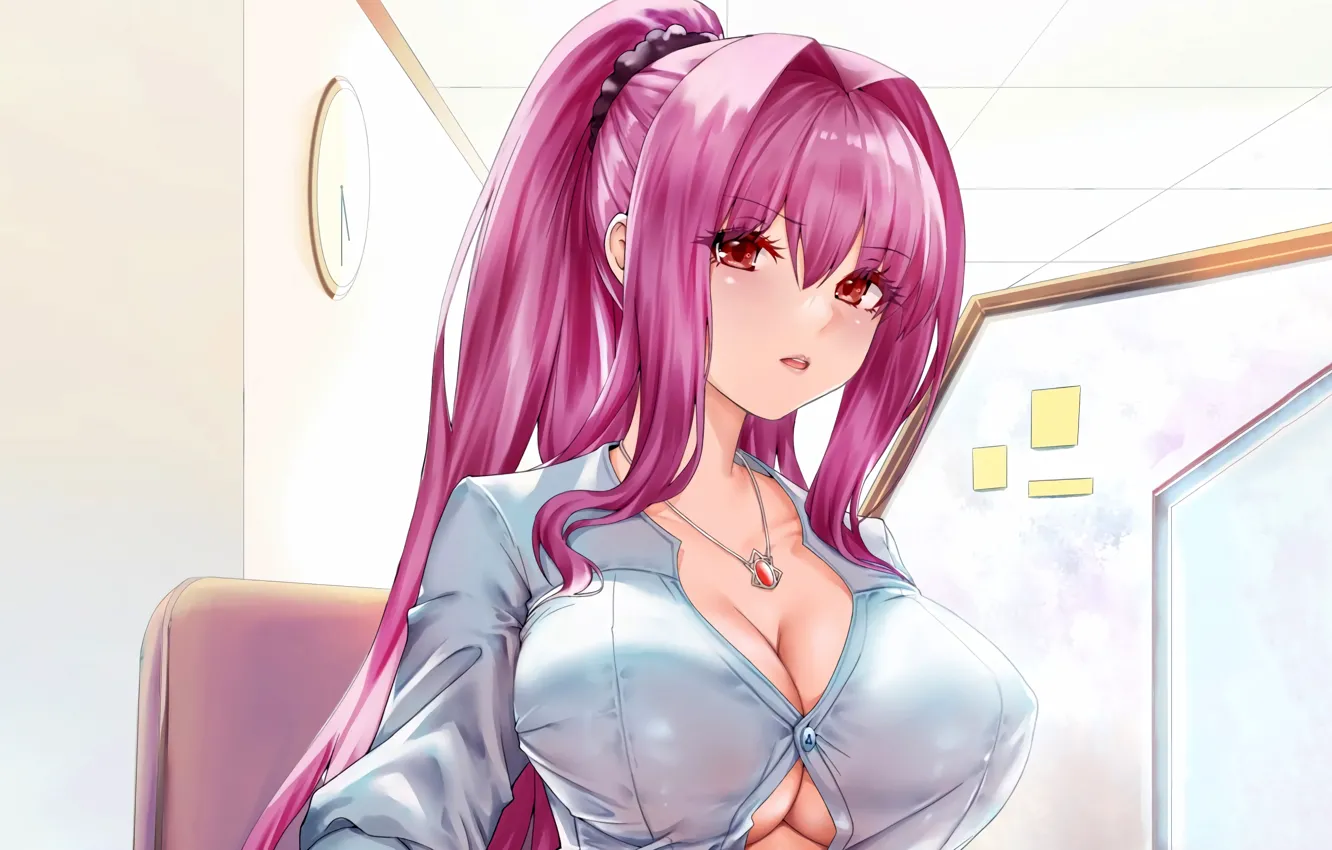 Photo wallpaper open shirt, anime, big breasts, sexy, pink hair, attractive, boobs, handsome