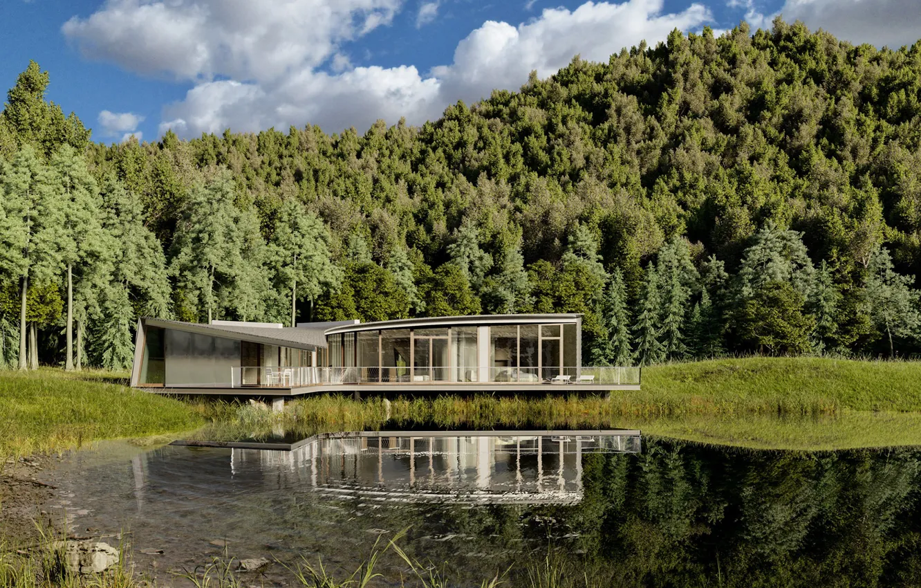 Photo wallpaper forest, reflection, architecture, structure, pond