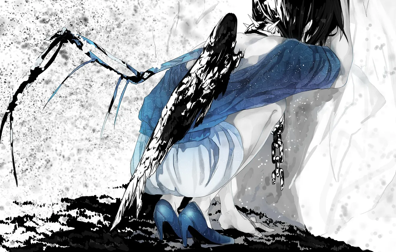 Photo wallpaper girl, wings, anime, art, chain, collar, mizutame tori