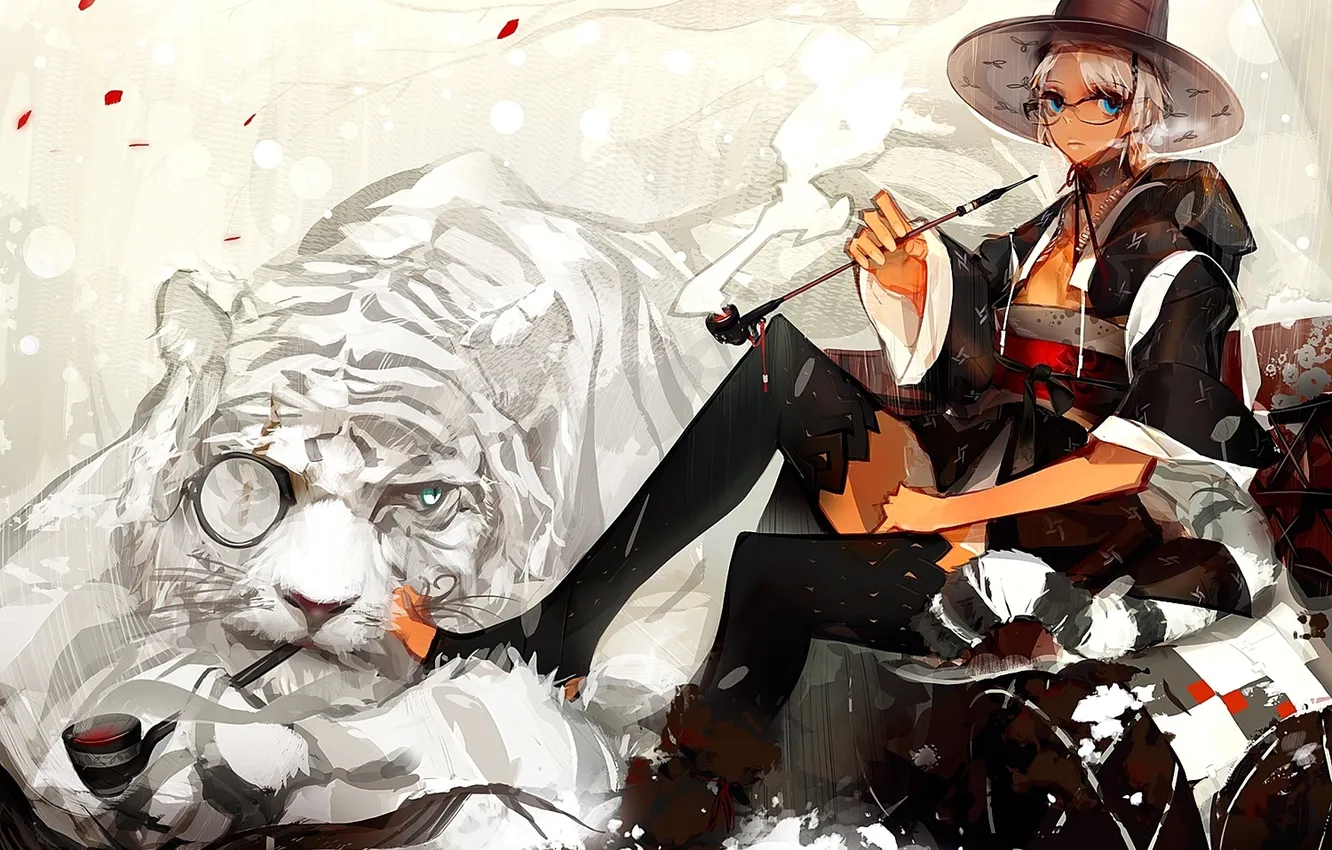 Photo wallpaper white, girl, tiger, tube, hat, art, Panorama