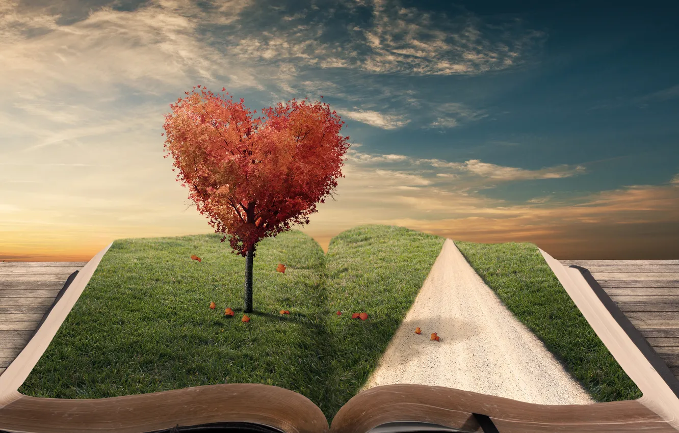 Photo wallpaper road, leaves, trees, creative, heart, book, bookmark