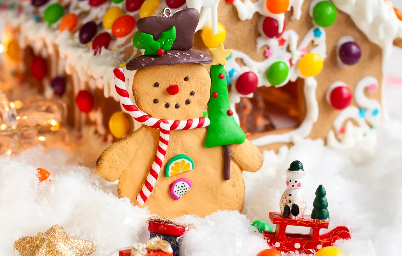 Photo wallpaper winter, holiday, toys, chocolate, cookies, Christmas, candy, man