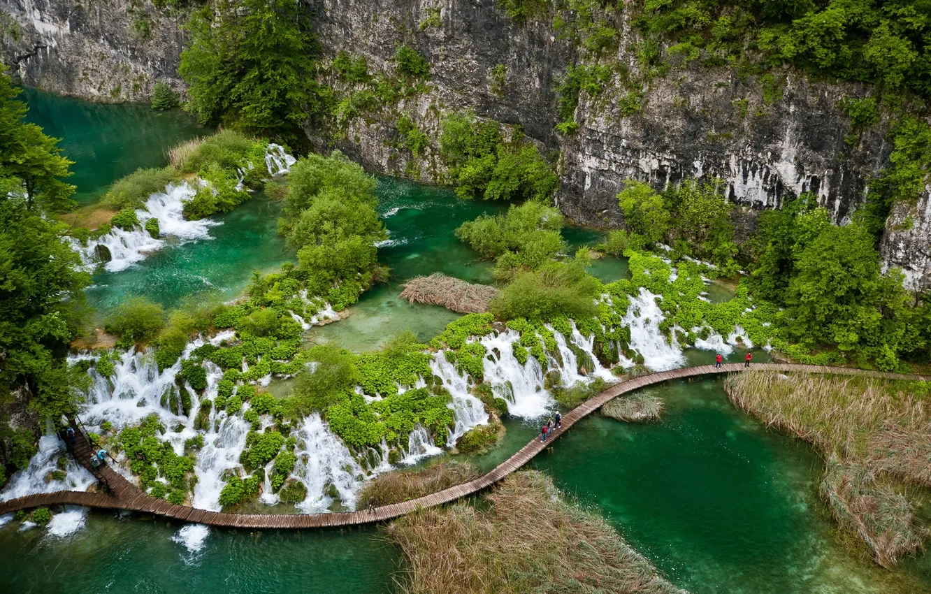Photo wallpaper greens, mountains, bridge, view, top, waterfalls, national Park
