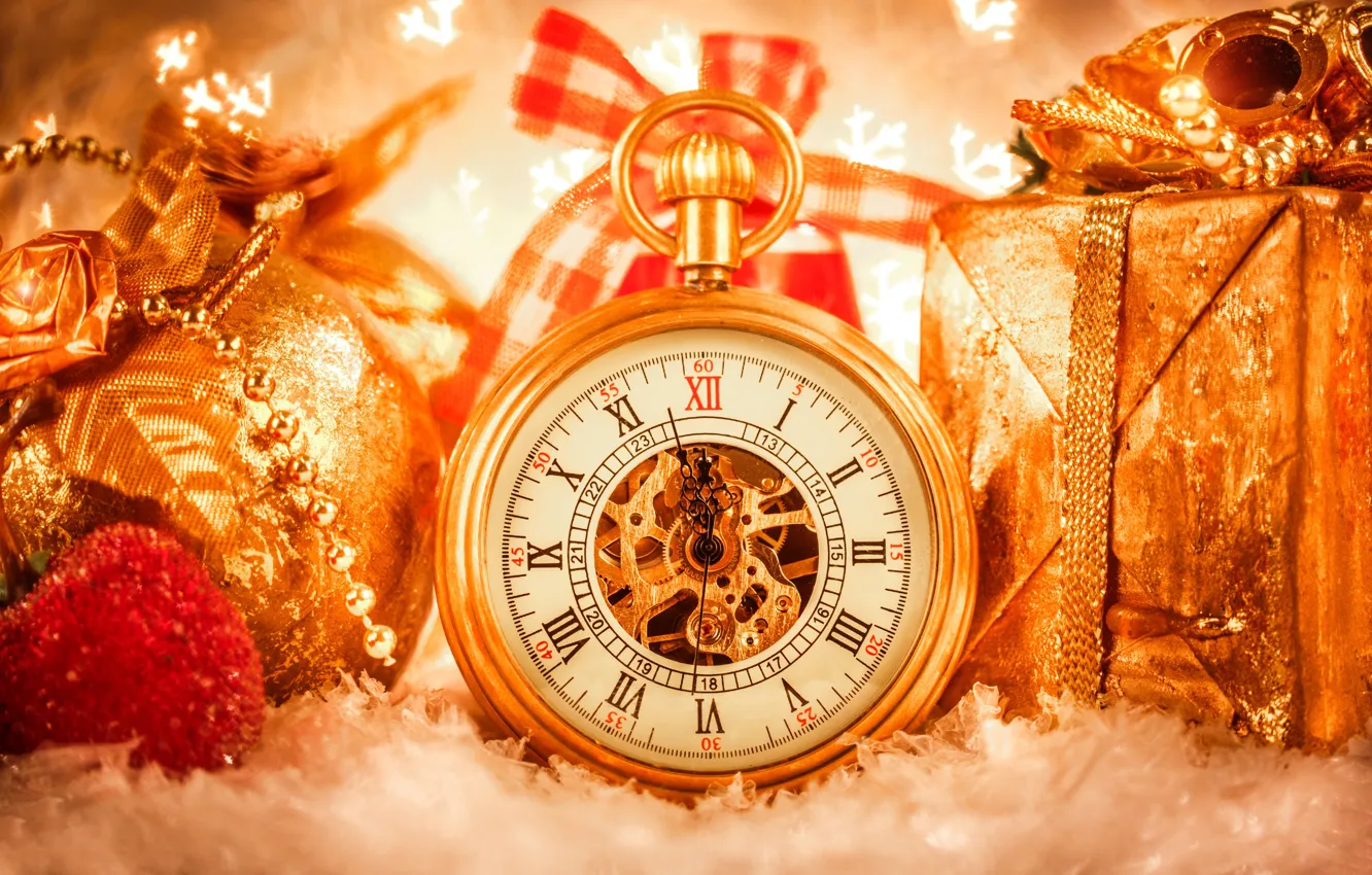 Photo wallpaper gift, watch, Christmas decorations