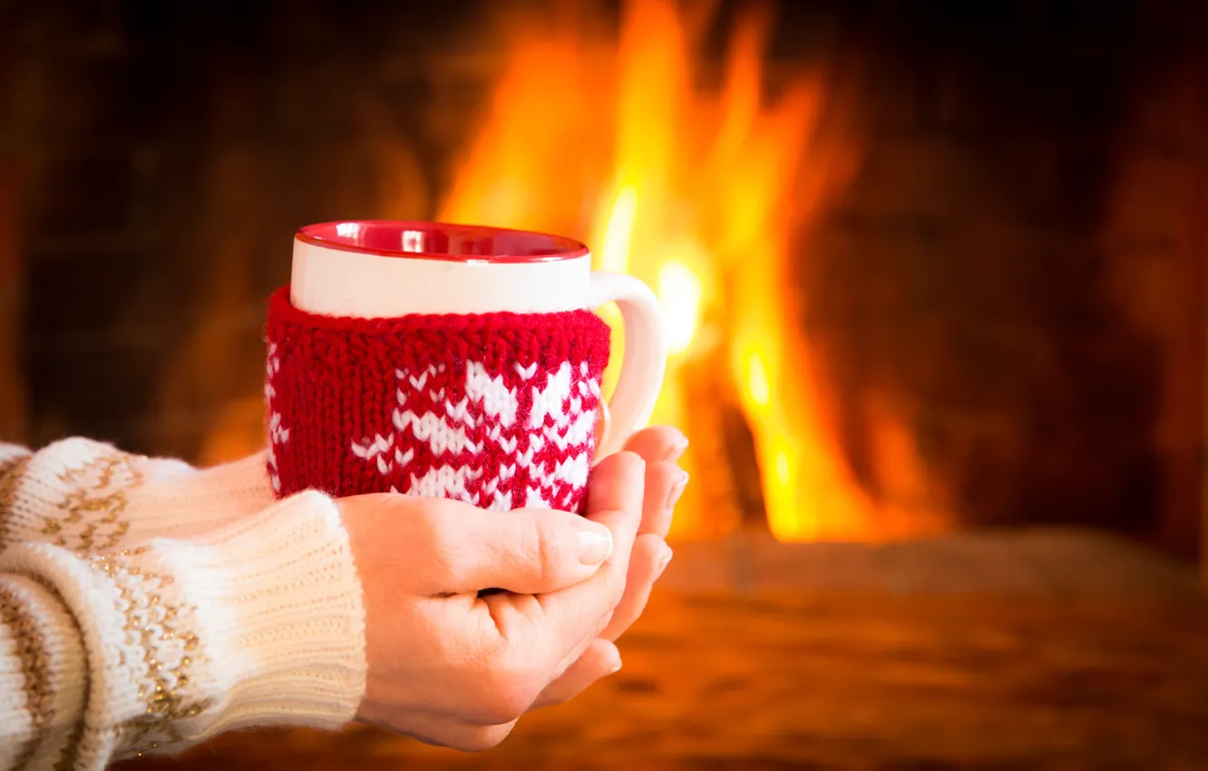 Photo wallpaper winter, coffee, hot, Cup, fire, fireplace, winter, cup