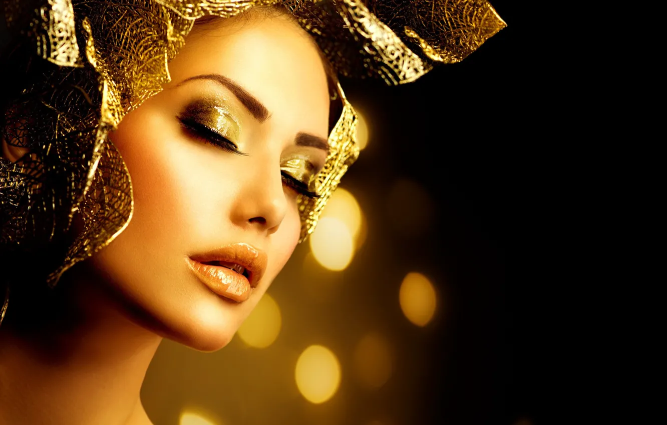 Photo wallpaper girl, gold, model, makeup, decoration, Anna Subbotina