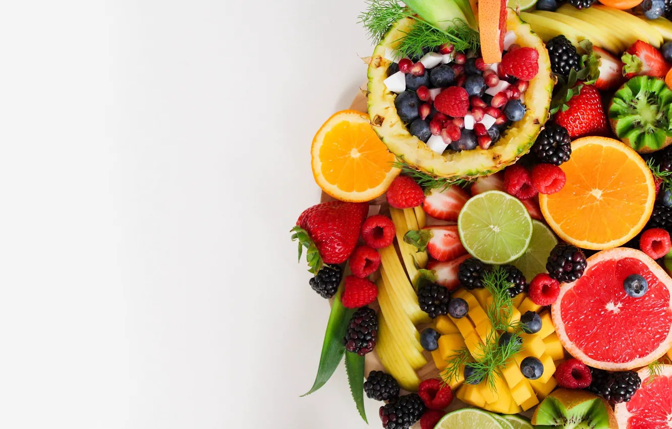 Photo wallpaper greens, leaves, berries, raspberry, cubes, apples, orange, kiwi