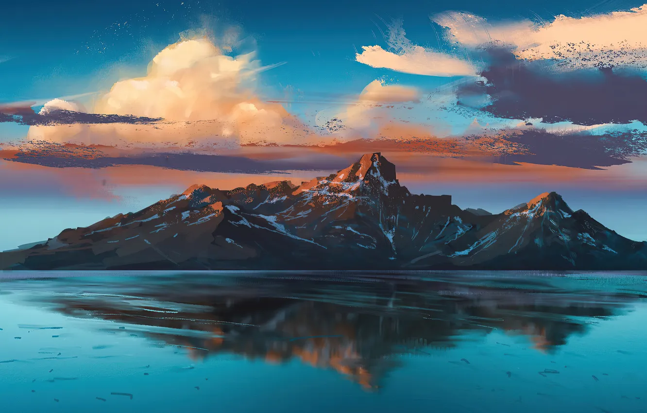 Photo wallpaper clouds, mountains, lake, haze, mountains, lake, haze, Picturesque Landscape