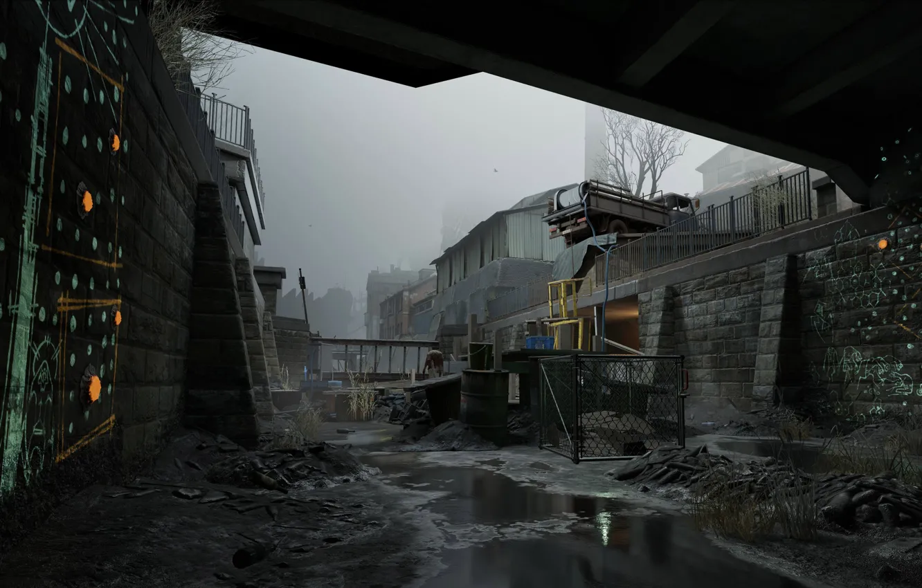 Photo wallpaper water, bridge, fog, wall, ruins, grafiti, Half-Life Alyx
