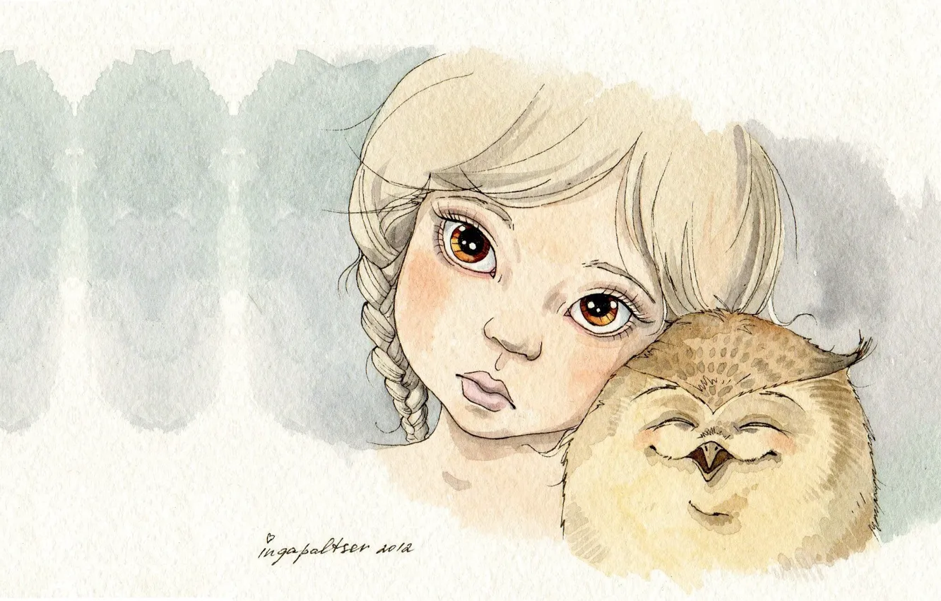 Photo wallpaper mood, owl, art, girl, illustration, Inga Paltser, Inga, Pelzer, children's.