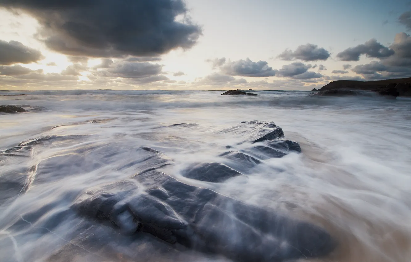 Photo wallpaper sea, water, clouds, stones, shore