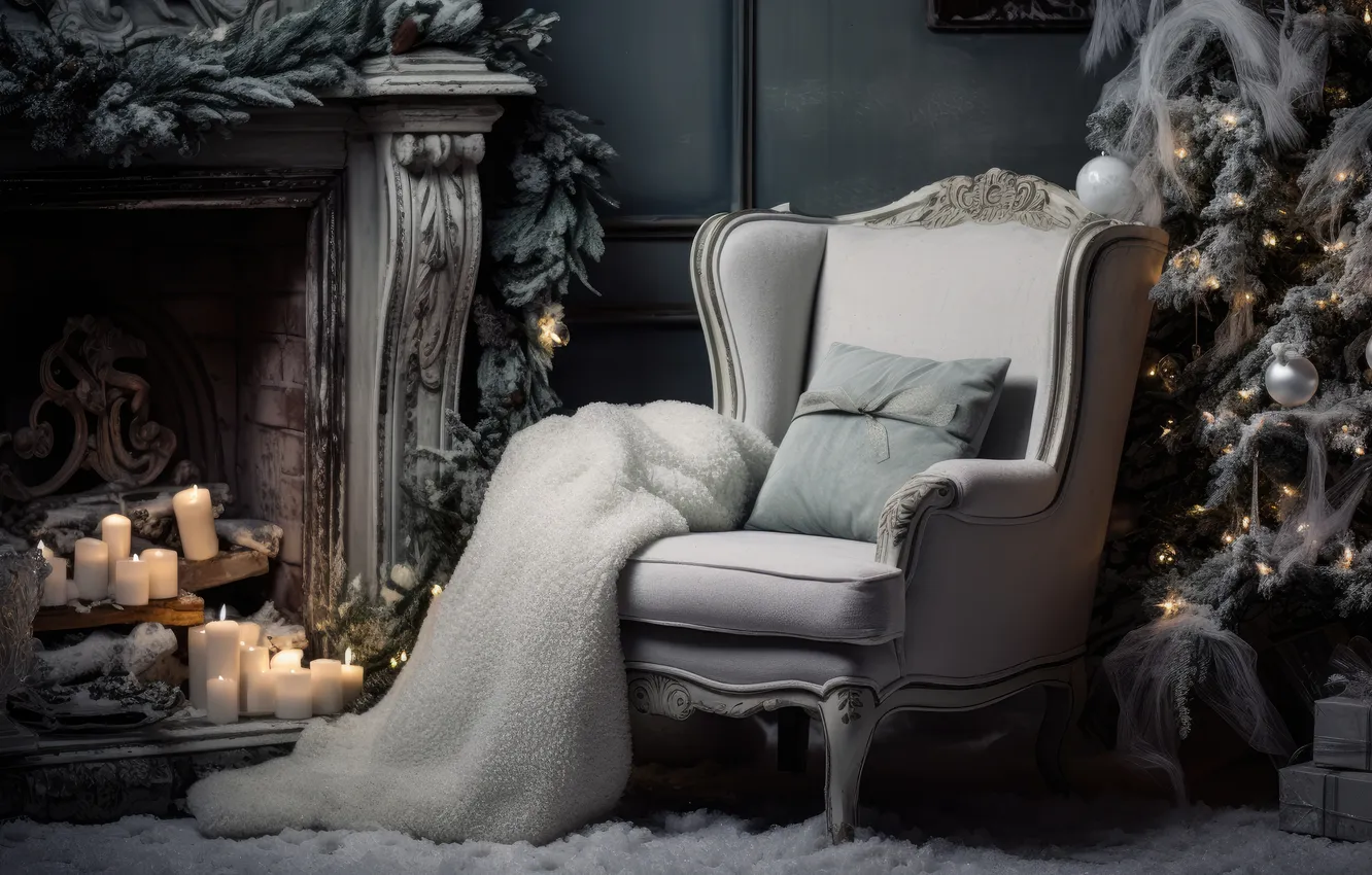 Photo wallpaper winter, frost, snow, decoration, room, tree, new year, interior