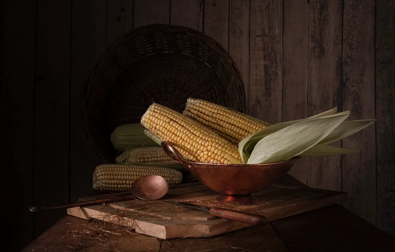 Photo wallpaper Board, corn, spoon, knife, bowl, still life, basket, the cob