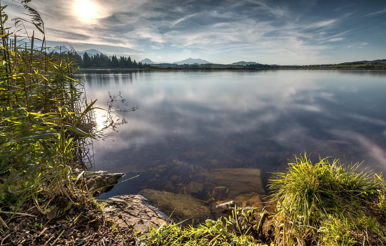 Photo wallpaper sky, coast, lake, stones, vegetation