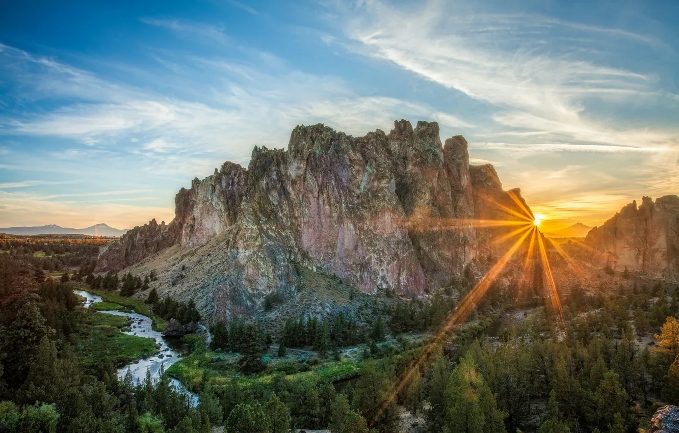 Photo wallpaper forest, the sky, the sun, clouds, rays, trees, sunset, mountains