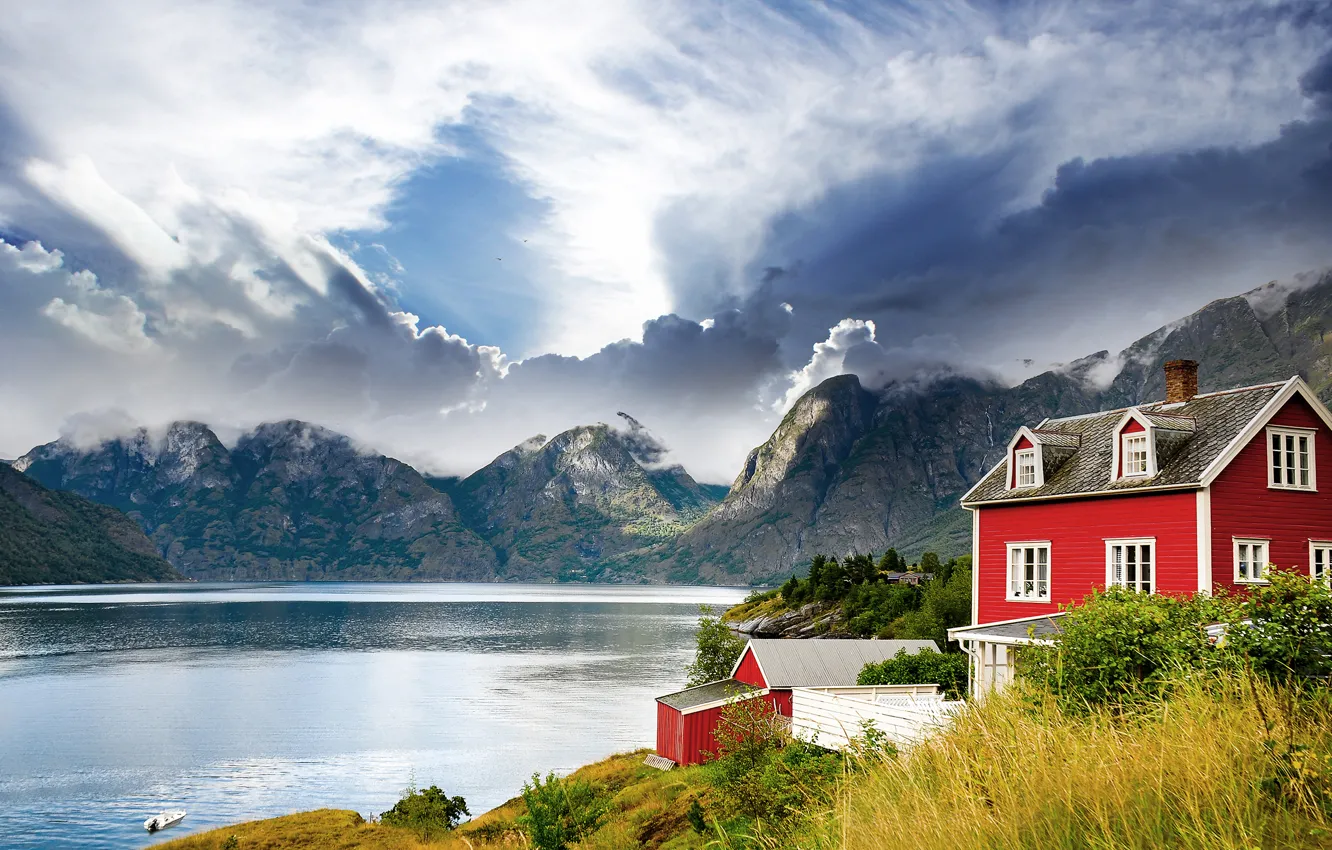Photo wallpaper landscape, mountains, lake, house, Norway, Norway, the fjord