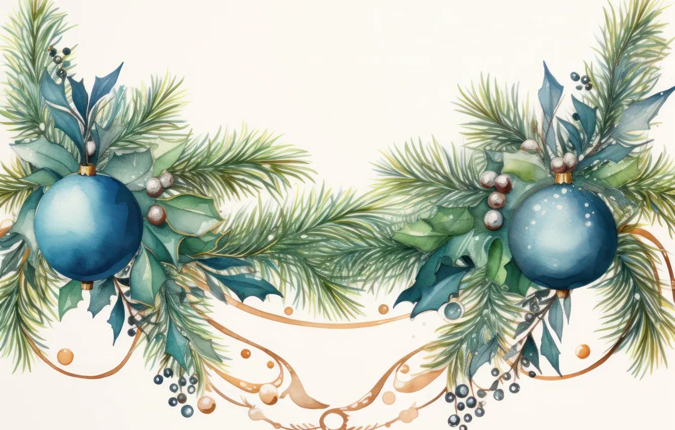 Photo wallpaper leaves, balls, branches, blue, blue, new year, Christmas, needles