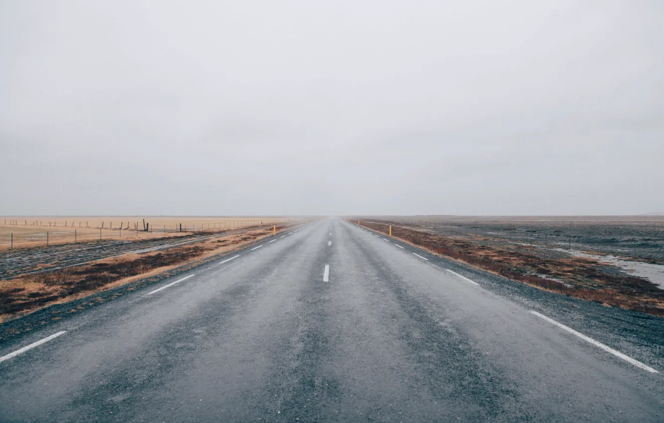 Photo wallpaper road, field, cloudy