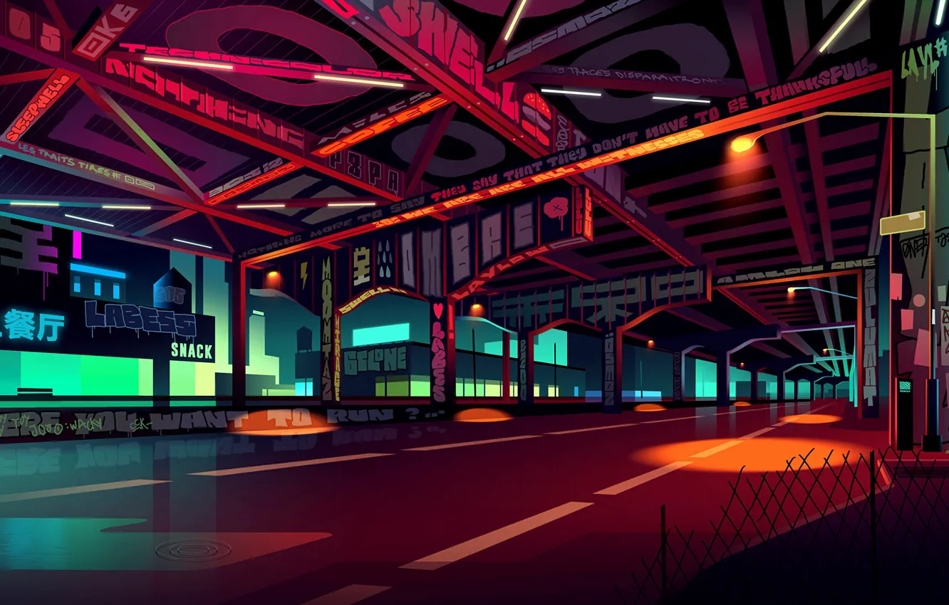 Photo wallpaper road, light, night, the city, style, street, graffiti, vector